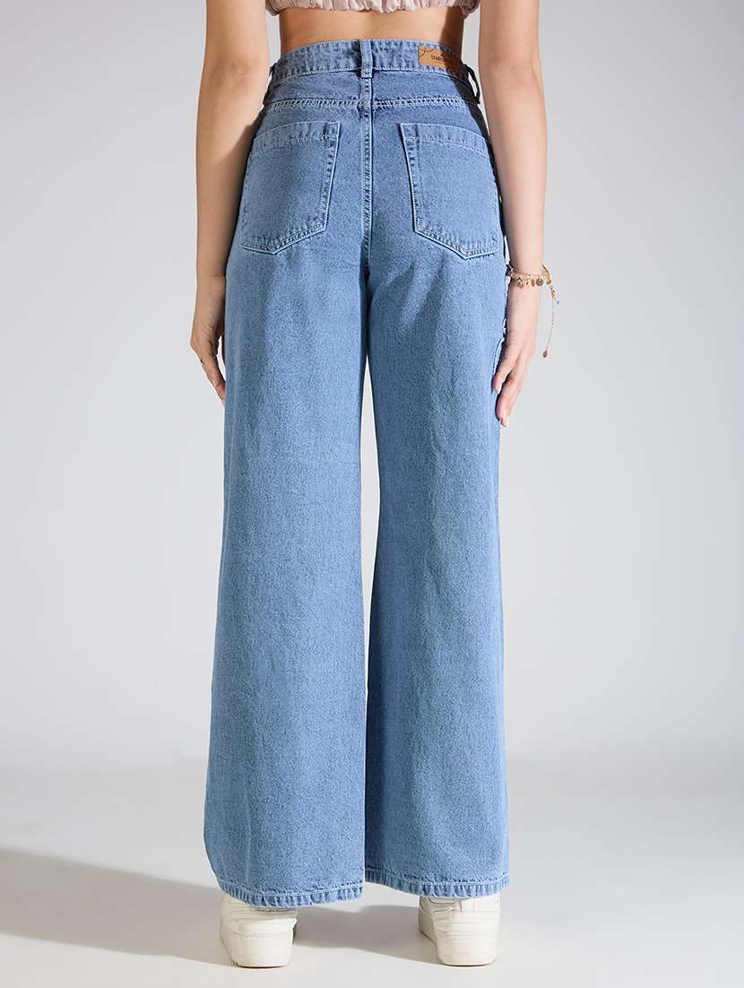 Women Light Blue High Rise Wide Leg Jeans