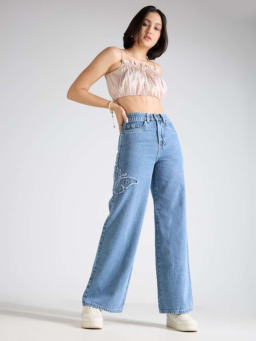 Women Light Blue High Rise Wide Leg Jeans