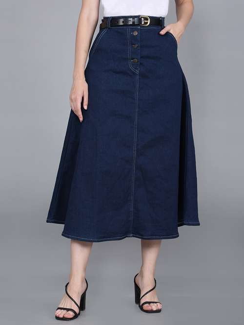 Women Solid High Rise Denim A Line Skirt