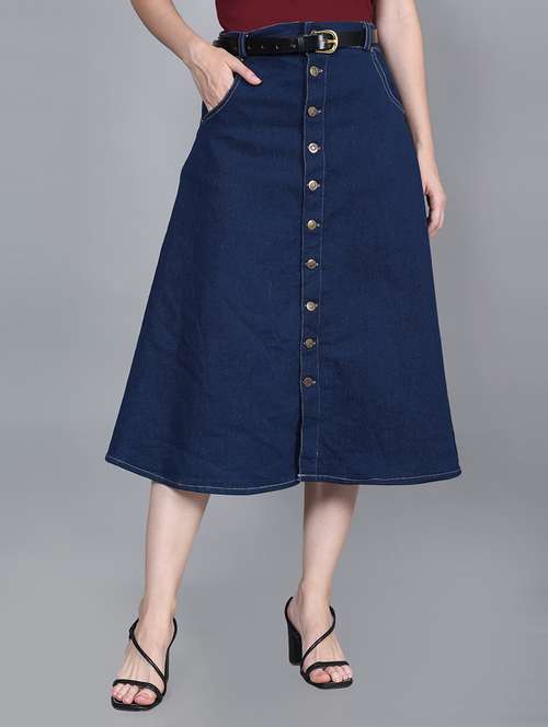 Women Solid High Rise Denim A Line Skirt