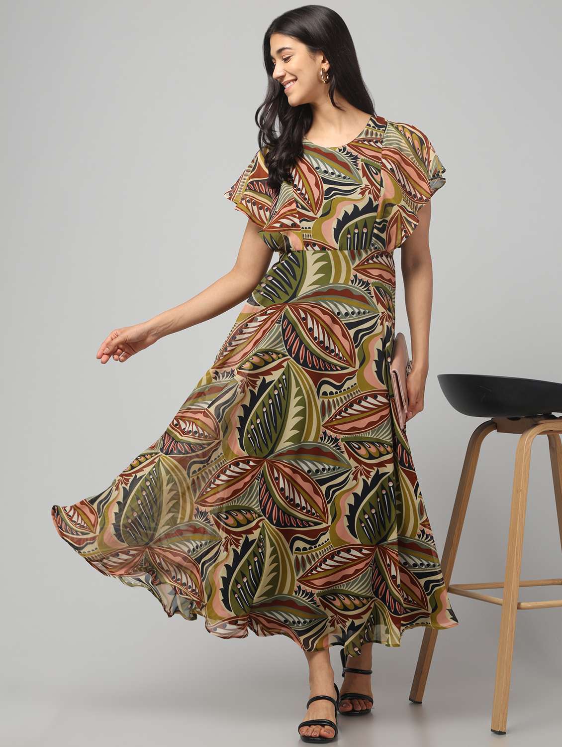 Women Printed Flared Sleeve Fit And Flared Dress