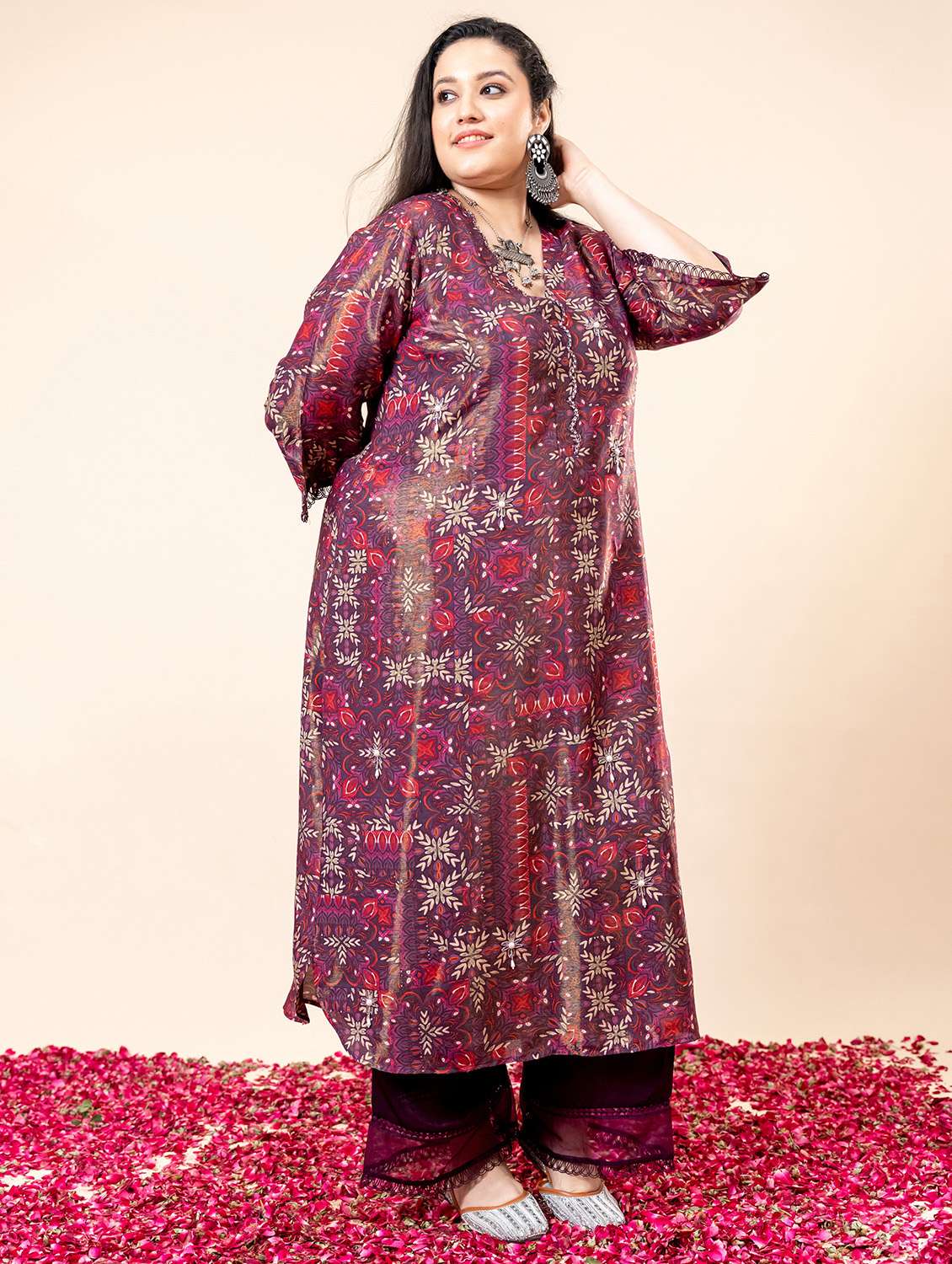 Women Plus Size Printed Three Quarter Sleeve Kurta Pant Set