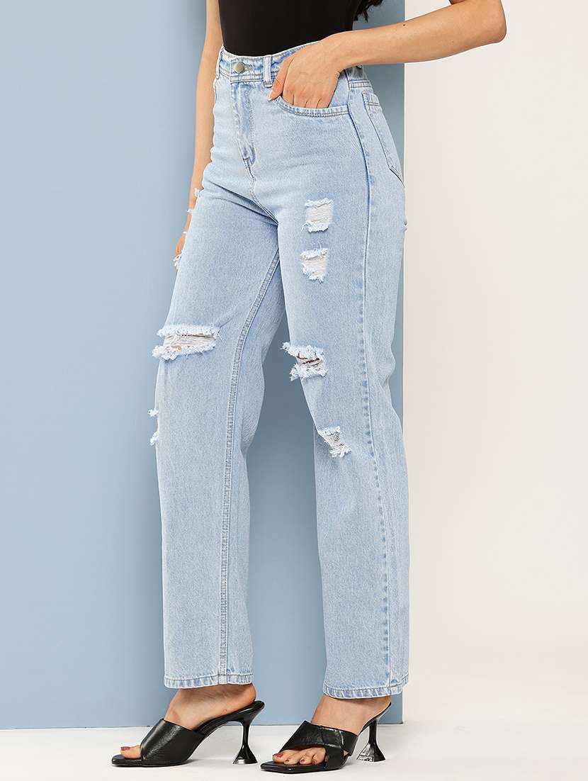 Women Distressed High Rise Straight Fit Jean