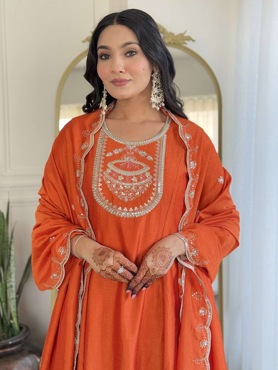 Women Embroidered Three Quarter Sleeve Kurta Pant With Dupatta Set