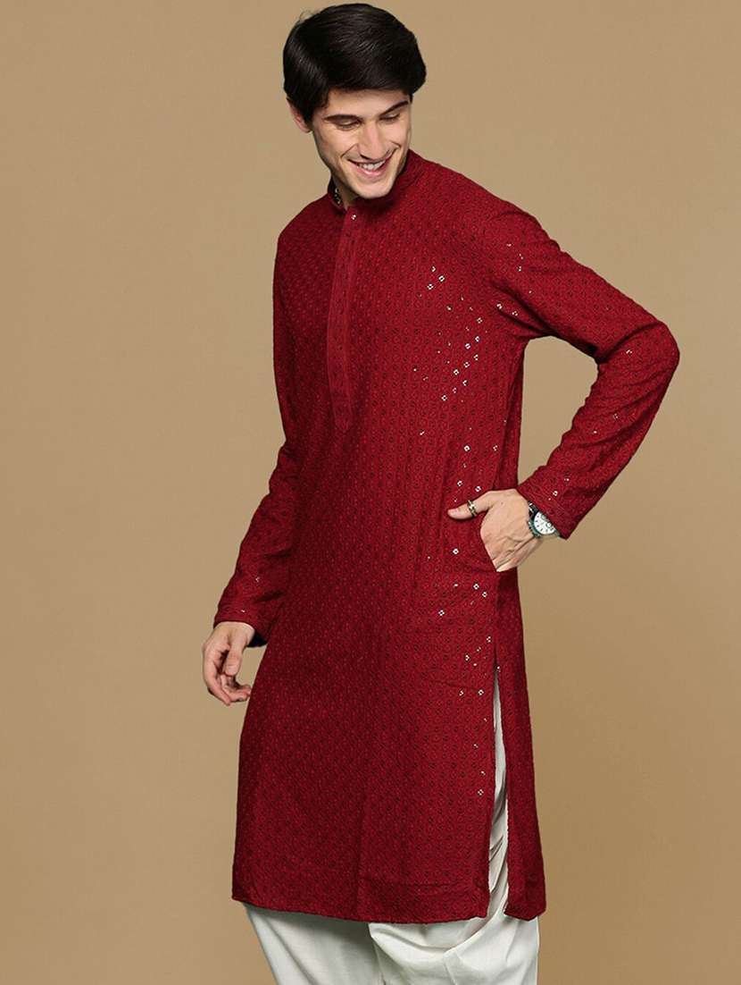 Men Solid With Work Mandarin Neck Long Kurta