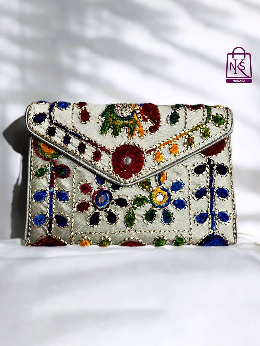 Women Velvet Embroidery Clutch With Flap Closure