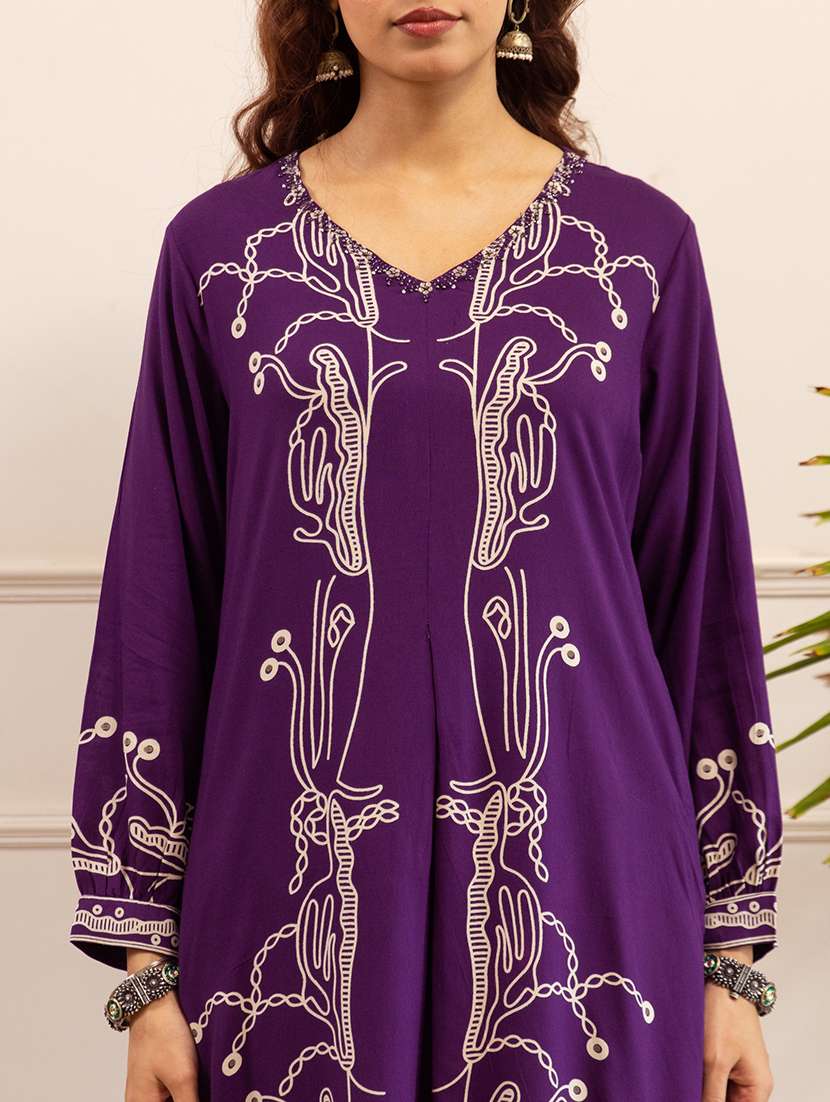 Women Printed Long Sleeve Kurta And Palazzo Set