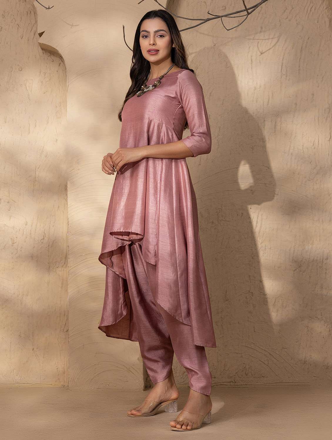 Women Solid Dhoti And High Low Kurta Set