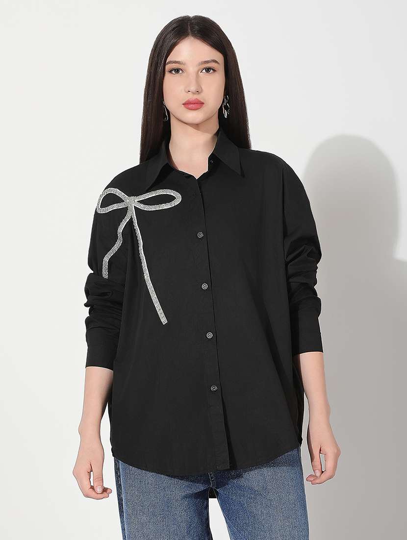 Women Sequined Collared Long Sleeve Shirt