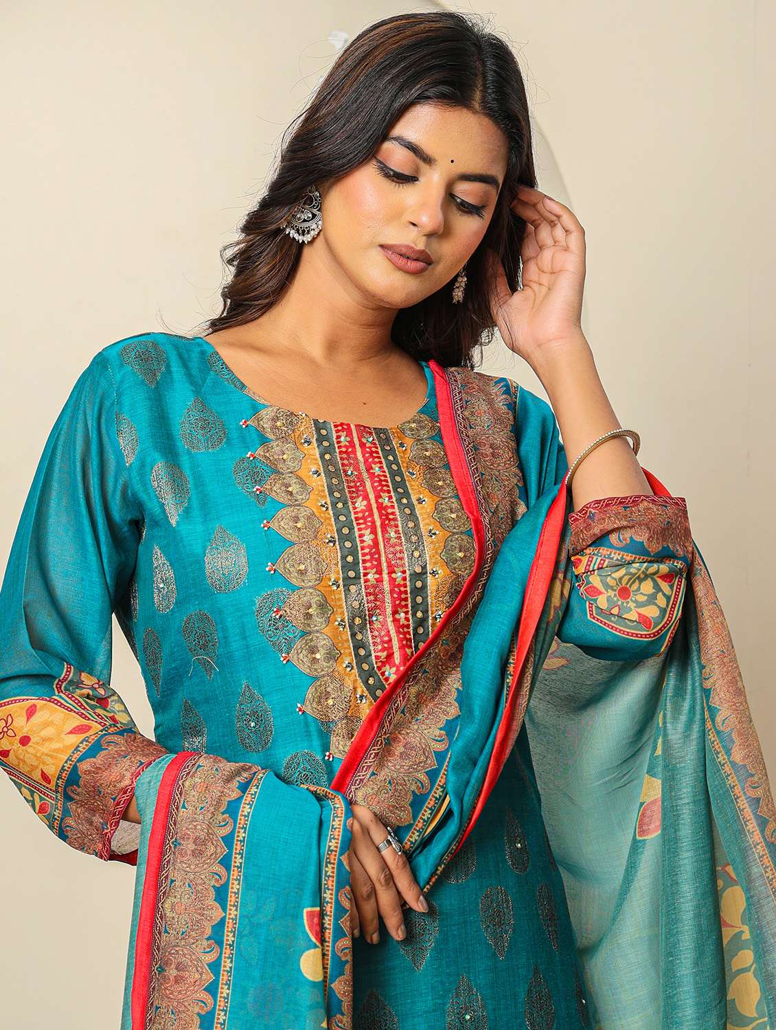Women Three Quarter Sleeve Kurta Pant With Dupatta Set