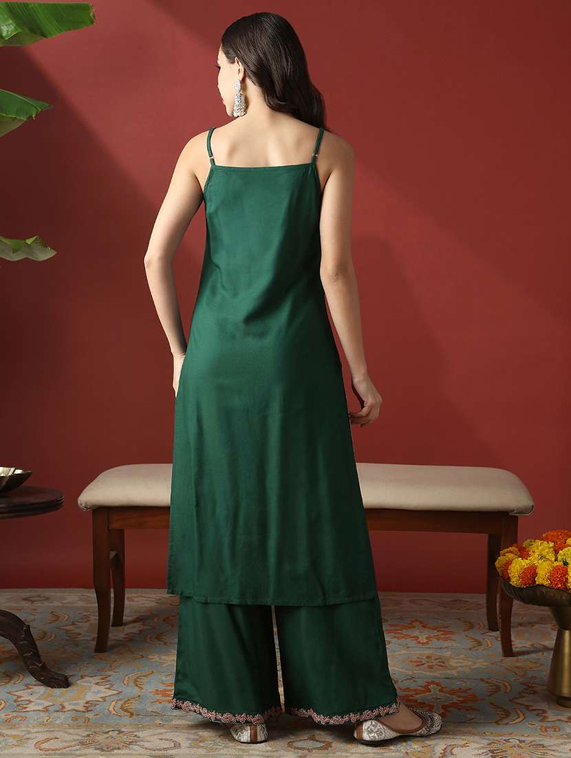 Globus Women Green Round Neck Strappy Shoulder Floral Embroiered Straight Kurta With Wide Leg Pants Festive Set