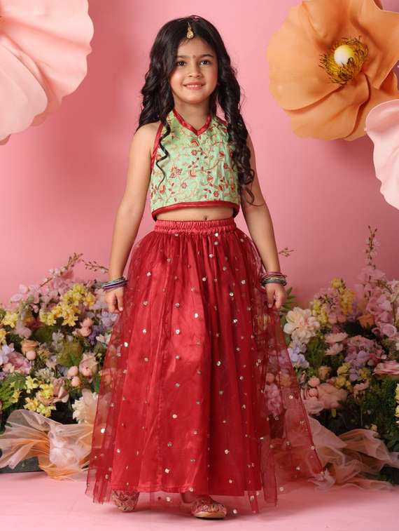 Girls Embroidered Sleveeless Lehenga Choli Set