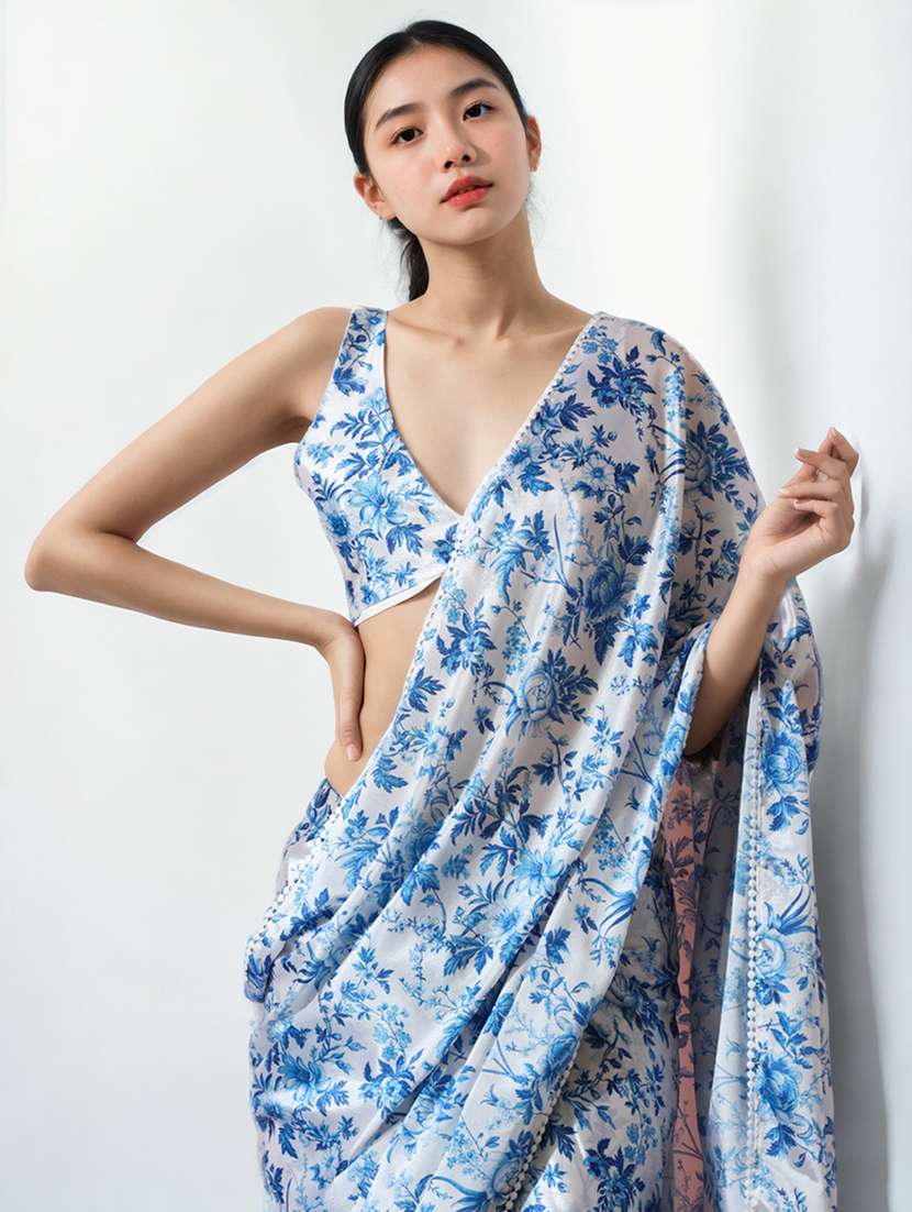 Women Printed Ready To Wear Saree With Blouse