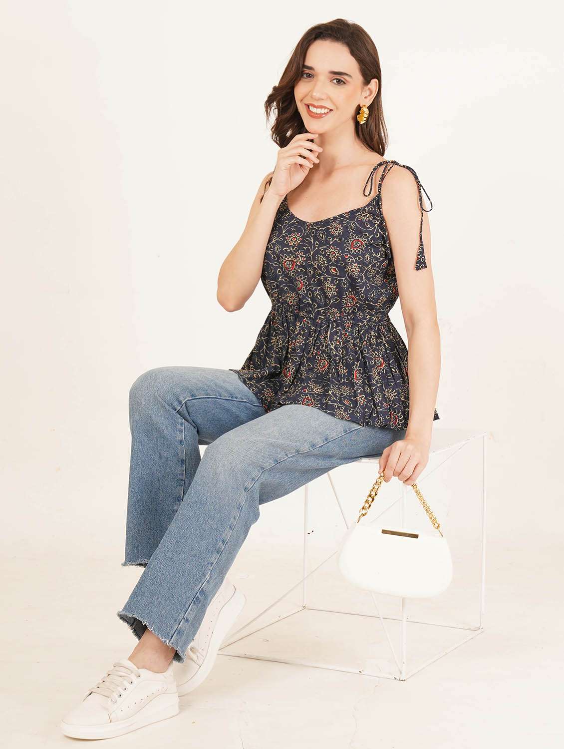Women Printed Shoulder Strap A Line Top