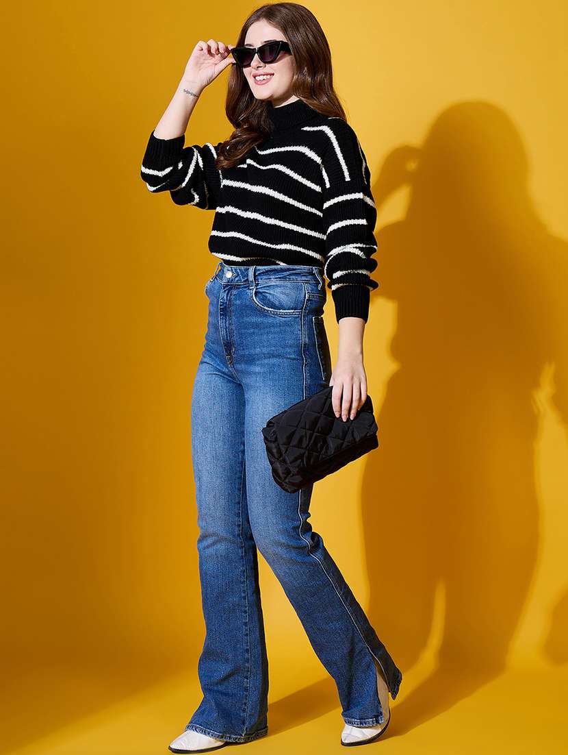 Women Striped High Neck Long Sleeve Pullover