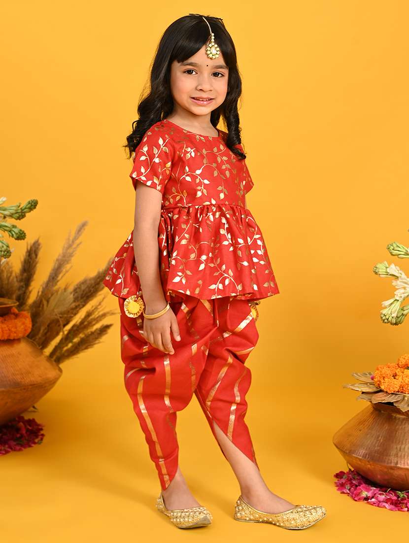 Girls Foil Print Kurta And Dhoti Set 