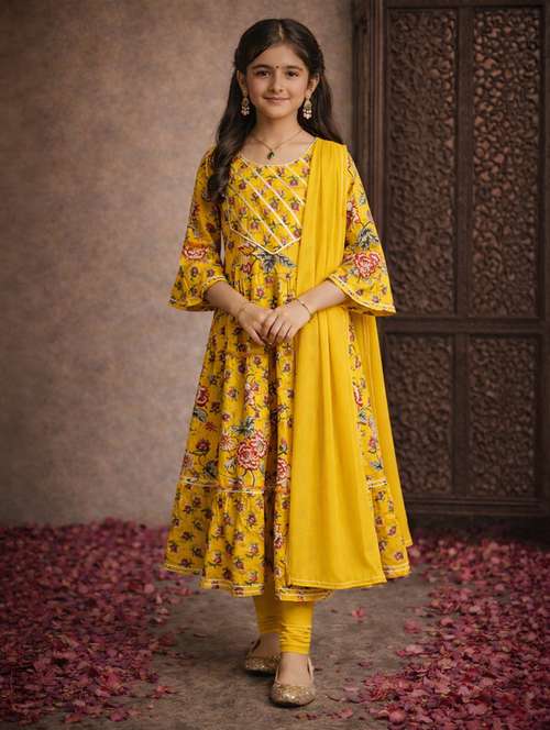 Girls Yellow Cotton Flared Kurti