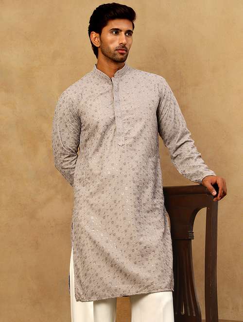 Men Grey Cotton Long Kurtas Kurta